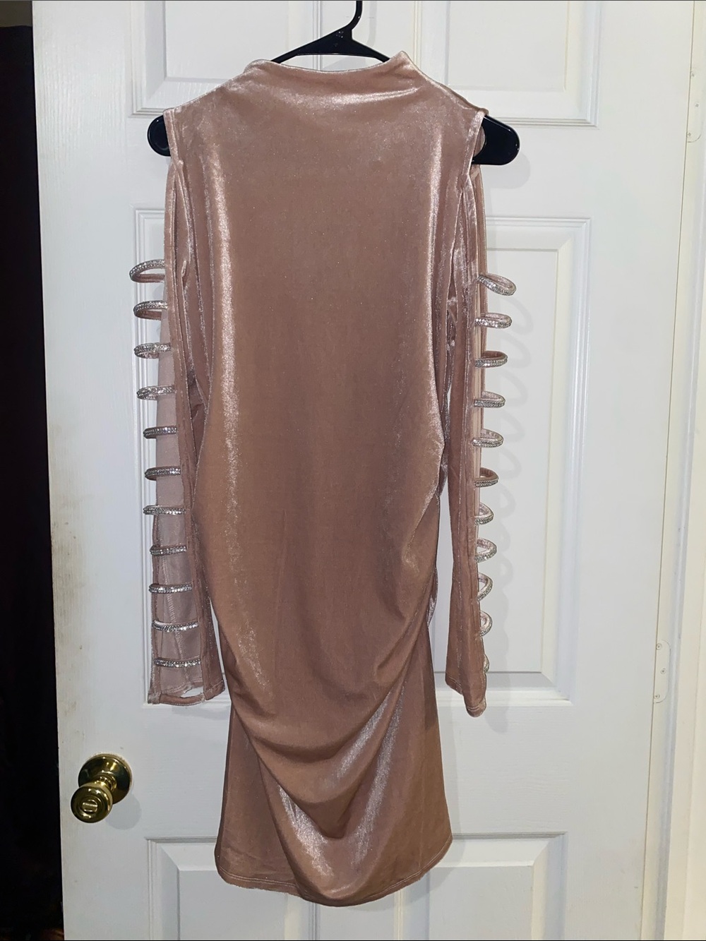 VENUS Shimmering Rose-Beige Velvet Bodycon Dress with Lattice Sleeve Straps